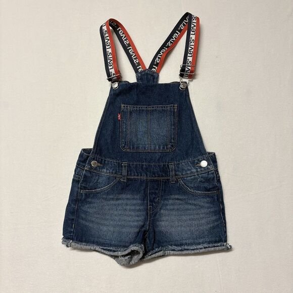 Y2K Levi's Overall Shortalls Girls 10 Denim Bibs Red White Blue Logo Straps - Picture 2 of 13